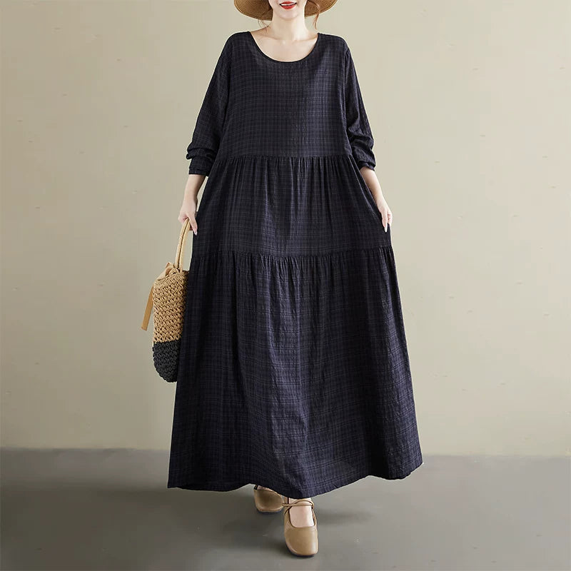 【60%OFF⭐️早い者勝ち】【ワンピース】レトロ  ラウンドネック 長袖 ワンピース ゆったり 体型カバー 大きいサイズ【AHシリーズ】