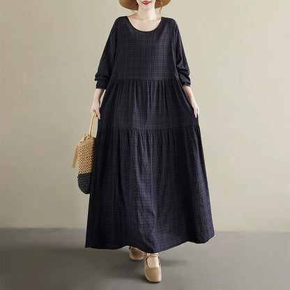 【60%OFF⭐️早い者勝ち】【ワンピース】レトロ  ラウンドネック 長袖 ワンピース ゆったり 体型カバー 大きいサイズ【AHシリーズ】