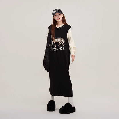 【ワンピース】✨配色デザイン♡ツーピース風ニット長袖ワンピース 冬 レディース 上品＆高見え【JZシリーズ】