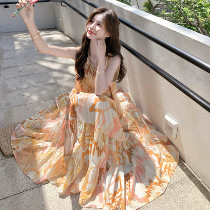 【ワンピース】高級感あふれるロマンティックリゾート風 シフォン花柄ノースリーブワンピース【SHシリーズ】