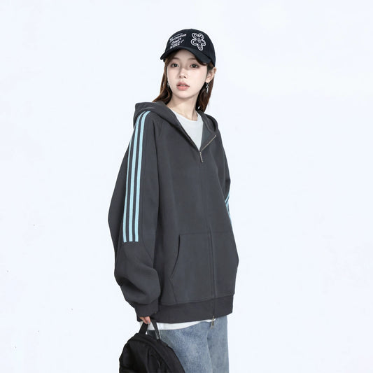 【アウター】ストリートブランド風 男女兼用 三本ライン フード付きパーカー レディース 春秋 新作 ゆったり ラグランスリーブ ジップアップ ジャケット【FCシリーズ】