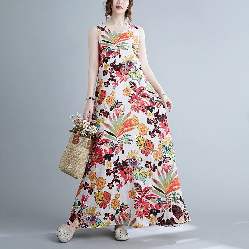 【ワンピース】レトロ カジュアル 定番 夏 フラワープリント ノースリーブ チュニックワンピース【SHシリーズ】