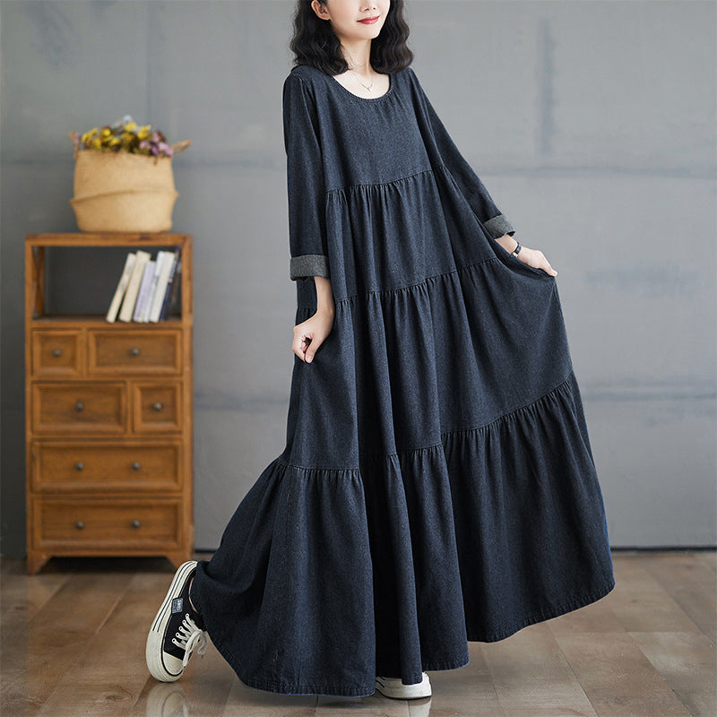 [洋裝] 春秋冬復古寬鬆大尺碼長袖牛仔連身裙