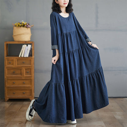 【24AW】【ワンピース】レトロ ゆったり プラスサイズ 長袖デニムワンピース