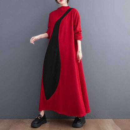 【ワンピース】文芸風 韓国風 配色切替 長袖 アシンメトリー ワンピース ミモレ丈 着痩せ シンプル【AHシリーズ】