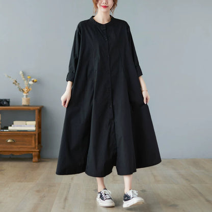 【ワンピース】韓国風無地シャツワンピース レディース 春秋新作 大きいサイズ 膝下丈 ゆったり Aライン【AHシリーズ】
