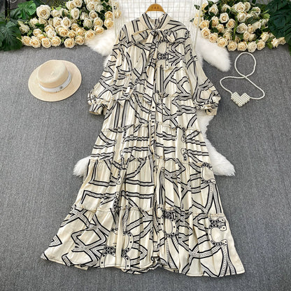 【ワンピース】プリントVネック お腹周りカバー フリル 長袖 ワンピース 【SHシリーズ】