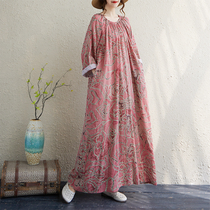 期間限定🍂60%OFF【ワンピース】リゾート風ギャザーワンピース レディース 秋新作 長袖 ロング丈 クルーネック ゆったり ナチュラル【SHシリーズ】