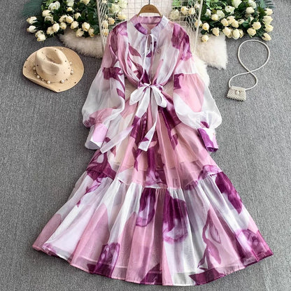 【ワンピース】5カラー フレンチレトロ 花柄ワンピース 長袖 ウエストマーク ゆったり着痩せ ロング丈 上品エレガント 万能ワンピ【SHシリーズ】