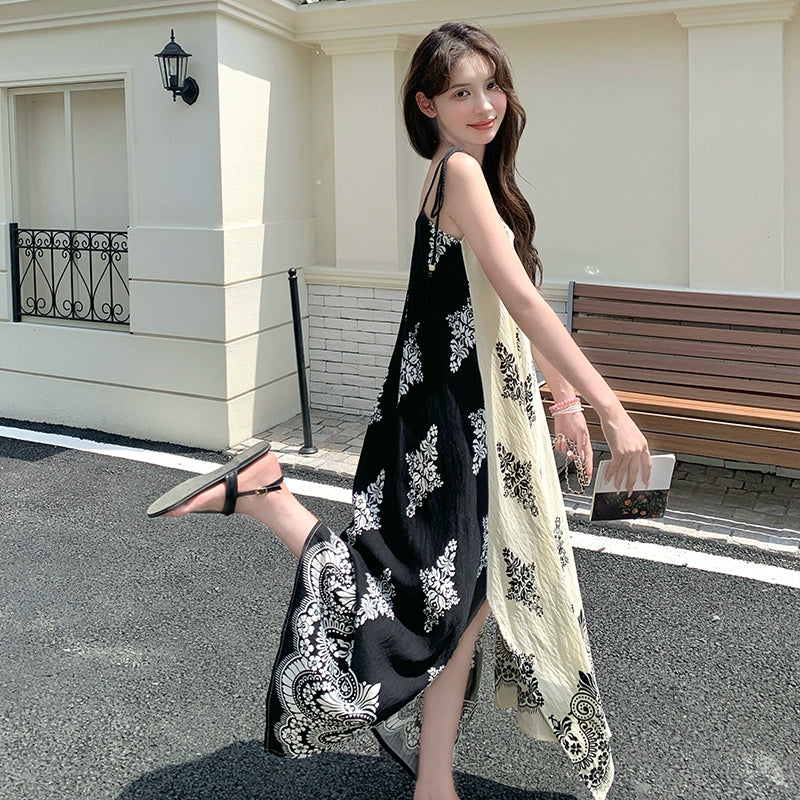 【ワンピース】フレンチリゾート風  夏新作 超映え民族風プリント  ノースリーブワンピース【SHシリーズ】