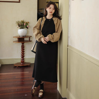 【ワンピース】フレンチ配色 ゆったり 長袖ワンピース 体型カバー 個性派ドッキング風