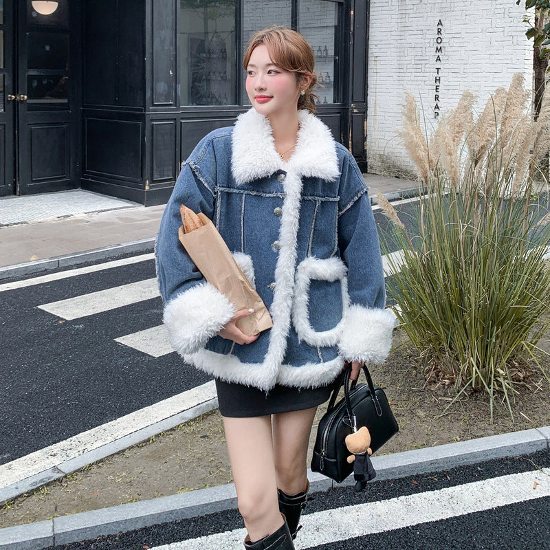 【アウター】ヴィンテージ風 ボア×ブルーデニムジャケット 2025冬 厚手 保温 中綿コート レディース おしゃれ【JZシリーズ】