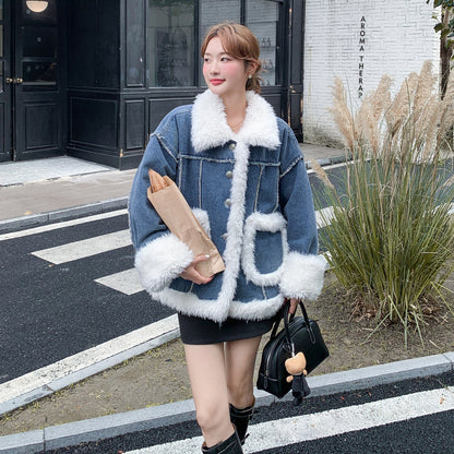 【アウター】ヴィンテージ風 ボア×ブルーデニムジャケット 2025冬 厚手 保温 中綿コート レディース おしゃれ【JZシリーズ】