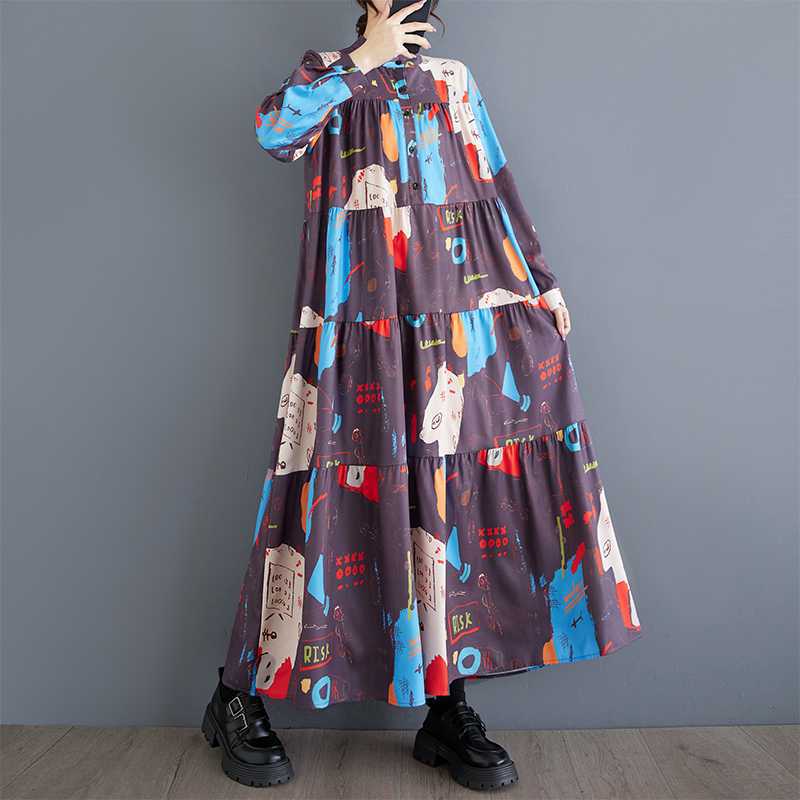 [洋裝] 春秋冬新款印花大尺碼百搭長袖洋裝【SH系列】