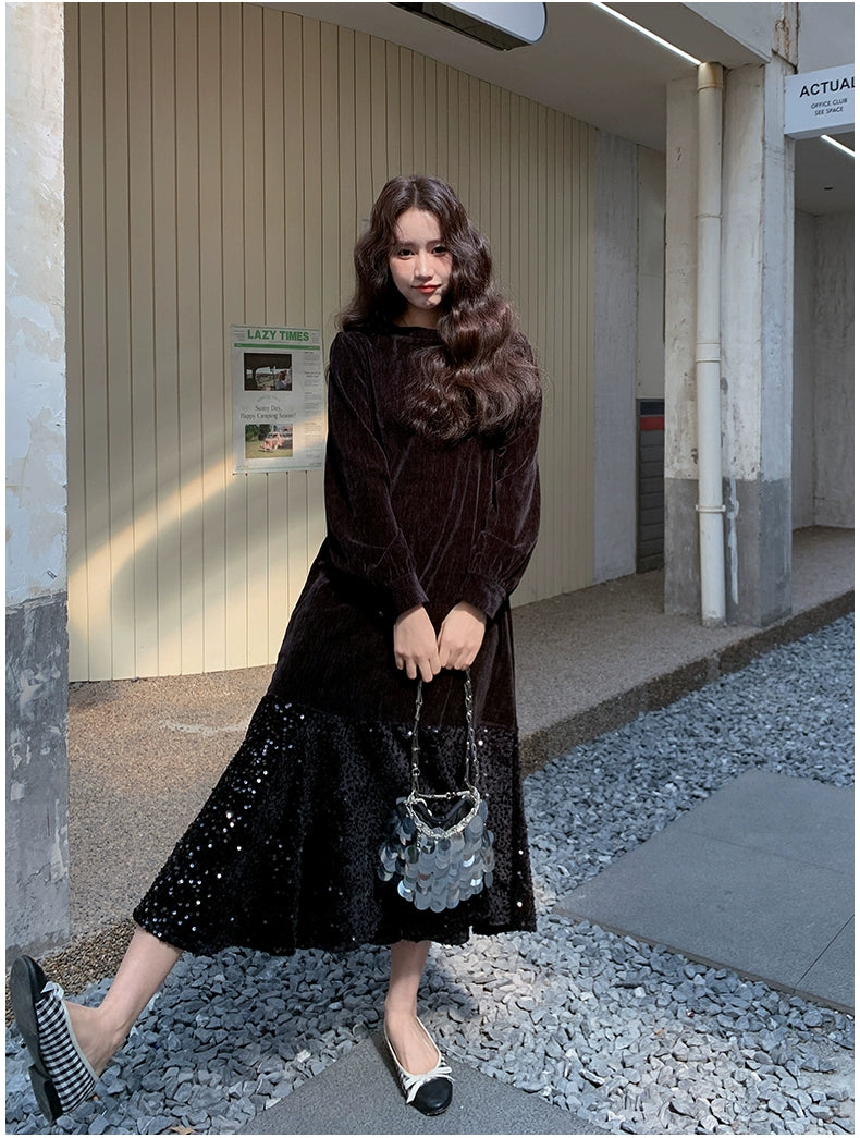 【ワンピース】オードリー風 ベロア 春 秋 冬 スパンコール 長袖 ワンピース【JZシリーズ】