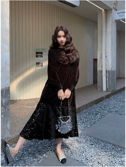 【ワンピース】オードリー風 ベロア 春 秋 冬 スパンコール 長袖 ワンピース【JZシリーズ】