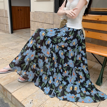 【ボトムス】夏 ヒップカバー ハイウエスト Aライン フラワープリント シフォンスカート【SHシリーズ】