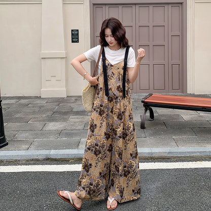 【ボトムス】レトロ花柄サロペット レディース ハイウエスト オールインワン 夏ワイドパンツ リゾート風【SHシリーズ】