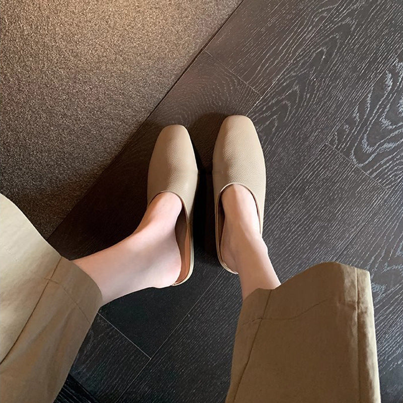 【シューズ】高級感あふれるスクエアトゥミュール｜上品♡フラットローヒールサンダル