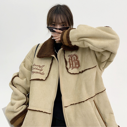 【アウター】春 秋 冬 アメリカン ヘビー 厚手  スエード レトロ ゆったり 刺繍 綿ジャケット【FCシリーズ】