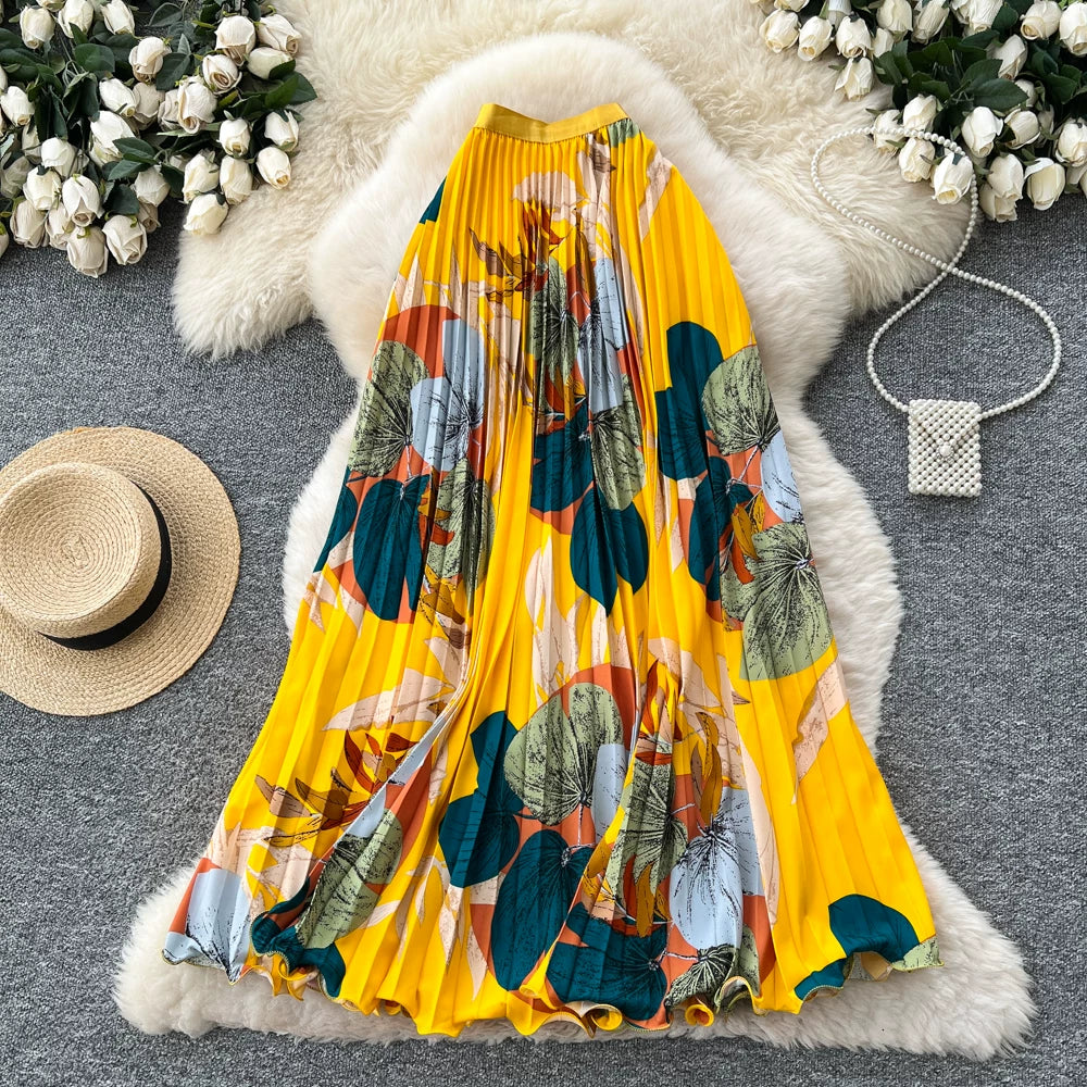 期間限定🍂60%OFF【ボトムス】レトロプリントプリーツAラインロングスカート レディース 夏新作 ハイウエスト ウエストゴム 落ち感 フレア 通勤【SHシリーズ】