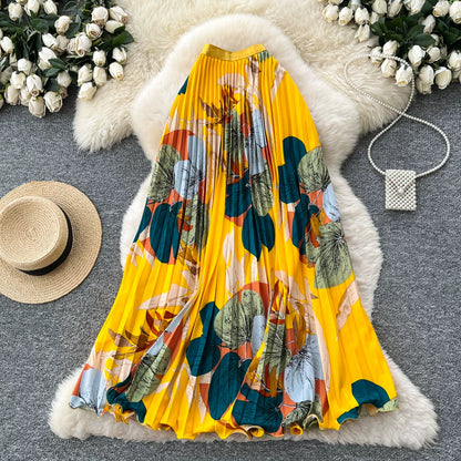 期間限定🍂60%OFF【ボトムス】レトロプリントプリーツAラインロングスカート レディース 夏新作 ハイウエスト ウエストゴム 落ち感 フレア 通勤【SHシリーズ】