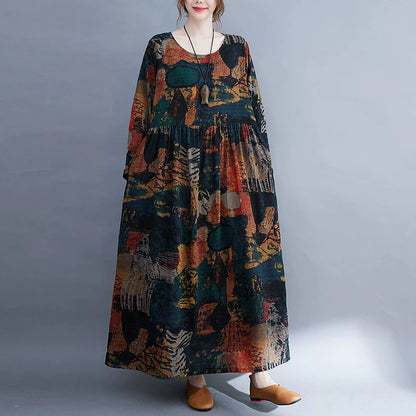 【ワンピース】花柄 大きいサイズ レトロ ラウンドネック 長袖 プリント ワンピース 春秋新作ドレス【SHシリーズ】