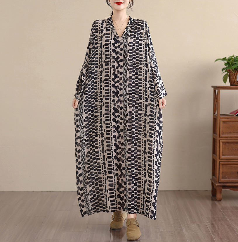 期間限定🍂60%OFF【ワンピース】レトロ花柄Vネックロングワンピース レディース 初秋新作 大きいサイズ リゾート 体型カバー シンプル【SHシリーズ】