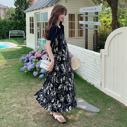 2点セット！【セットアップ】着回し力◎Tシャツ＋花柄ノースリーブワンピースセット 甘めナチュラル 初恋風コーデ【SHシリーズ】