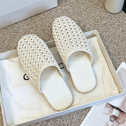 【シューズ】フレンチレトロ 編みデザイン つま先あり バブーシュ 外履き対応 通気性サンダル