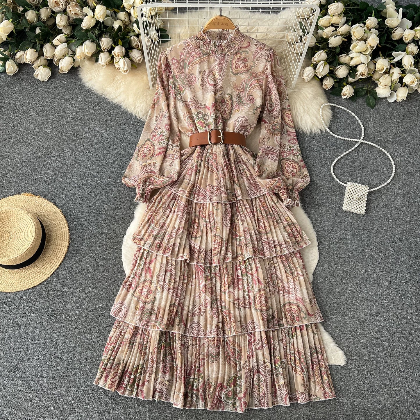 【ワンピース】ボリュームスリーブ プリント ウエスト切り替え ふんわり フレア 長袖 ワンピース 【SHシリーズ】