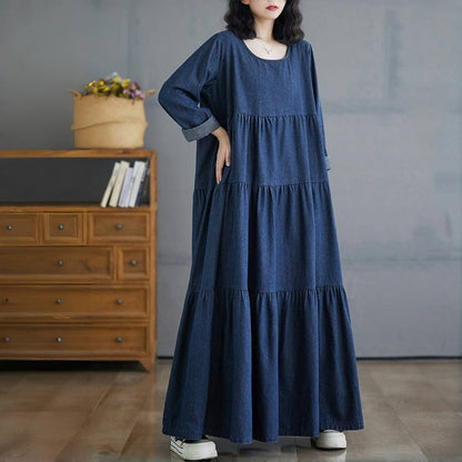 【24AW】【ワンピース】レトロ ゆったり プラスサイズ 長袖デニムワンピース