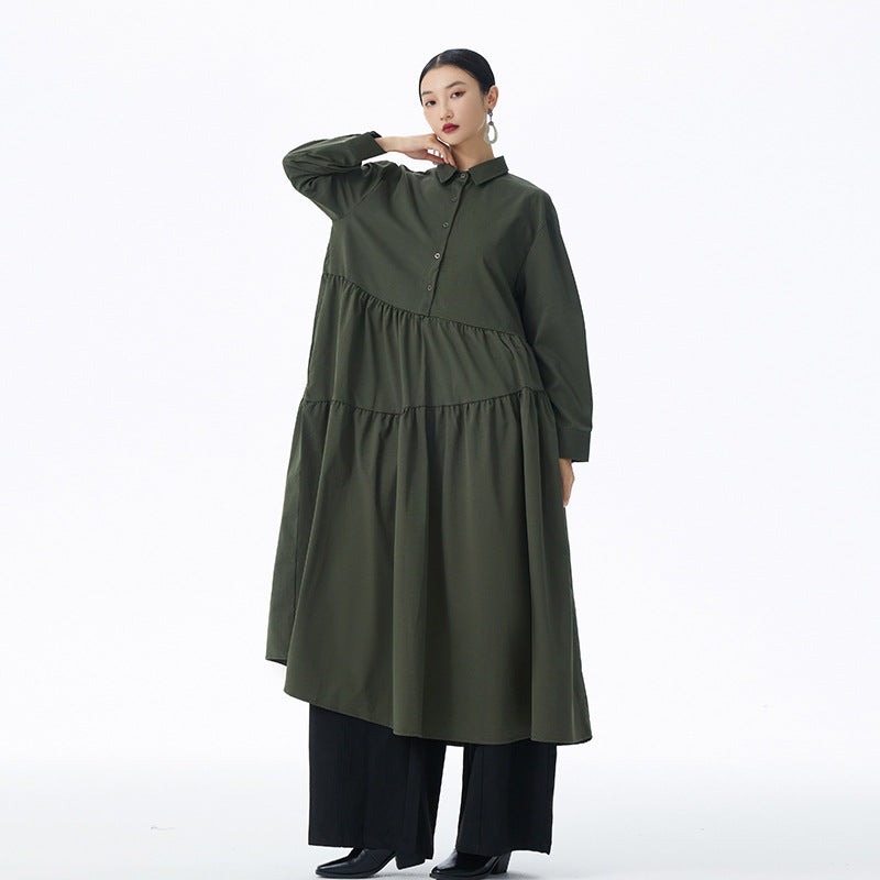 【ワンピース】フレンチ風 切替プリーツ  POLO襟 長袖ワンピース ゆるシルエット ロング【JZシリーズ】