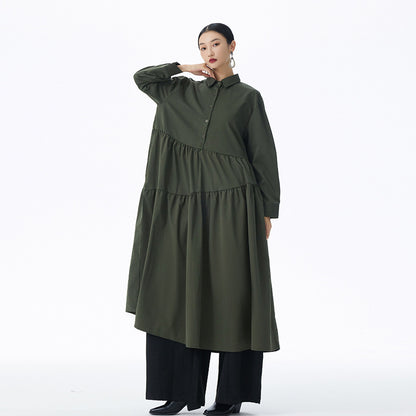 【ワンピース】フレンチ風 切替プリーツ  POLO襟 長袖ワンピース ゆるシルエット ロング【JZシリーズ】