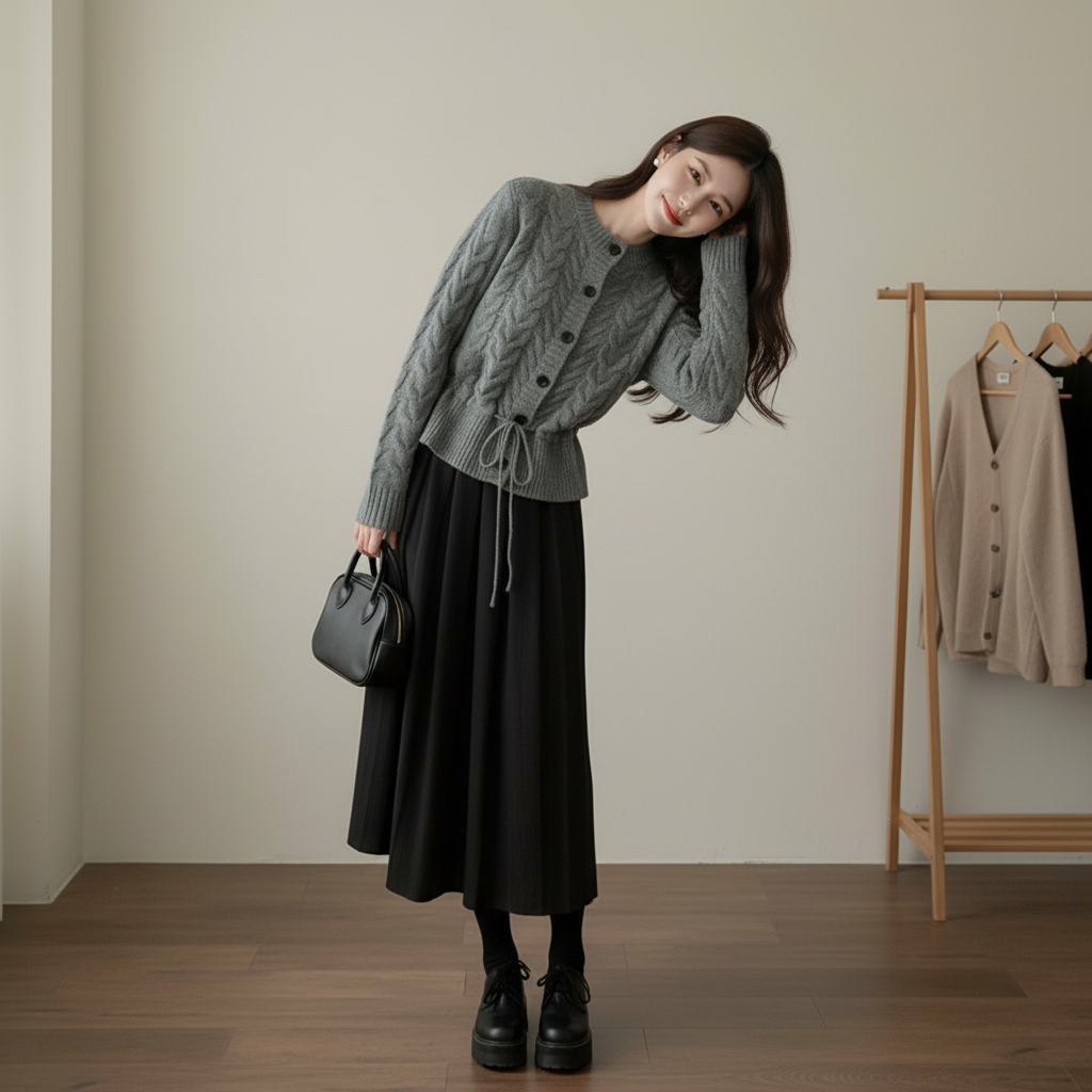 【セットアップ】春 秋 冬  ニットカーディガン + スカート 2点上下セット 【JZシリーズ】