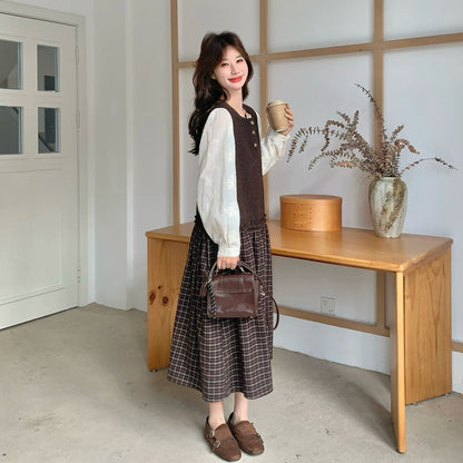 【ワンピース】レース刺繍 シャツ+ノースリーブワンピース 2点セット チェック柄 配色切替【JZシリーズ】