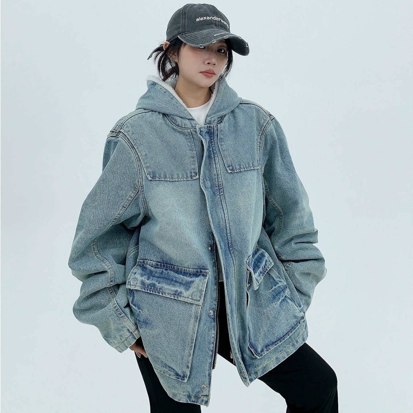 【アウター】韓国系 ヘビーウェイト ニッチ ダメージ加工 デニム ゆったり 綿入れコート【FCシリーズ】