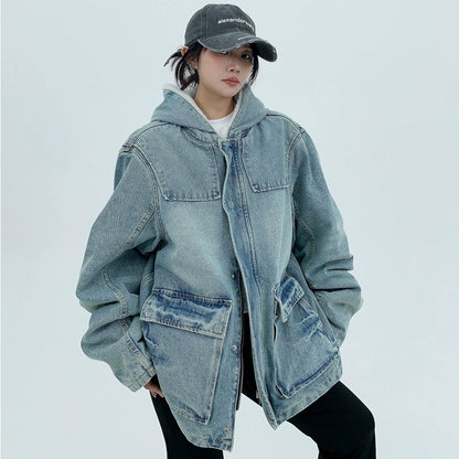 【アウター】韓国系 ヘビーウェイト ニッチ ダメージ加工 デニム ゆったり 綿入れコート【FCシリーズ】