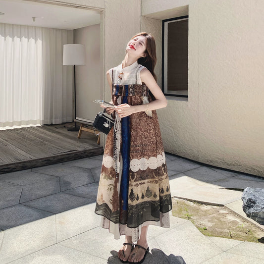 【ワンピース】レトロプリント 個性的 レイヤード 切り替えワンピース + キャミソール ワンピース 2点ワンピースセット 【SHシリーズ】