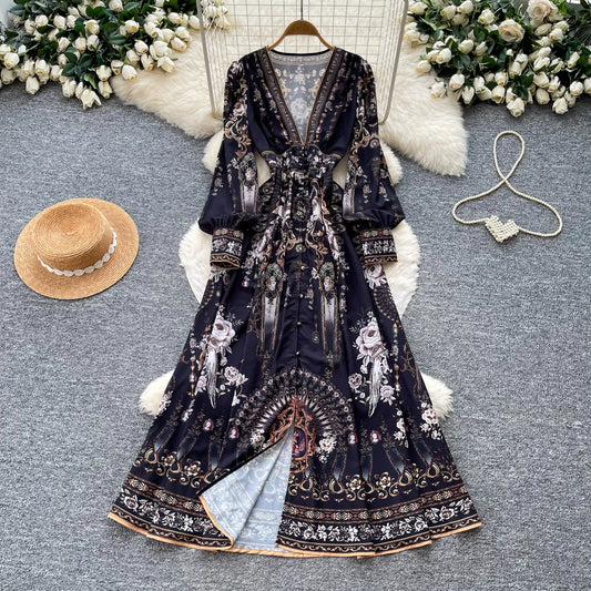 【ワンピース】クラシカル花柄ロングワンピース レディース 秋新作 Vネック 長袖 ウエストマーク フレンチ風【SHシリーズ】