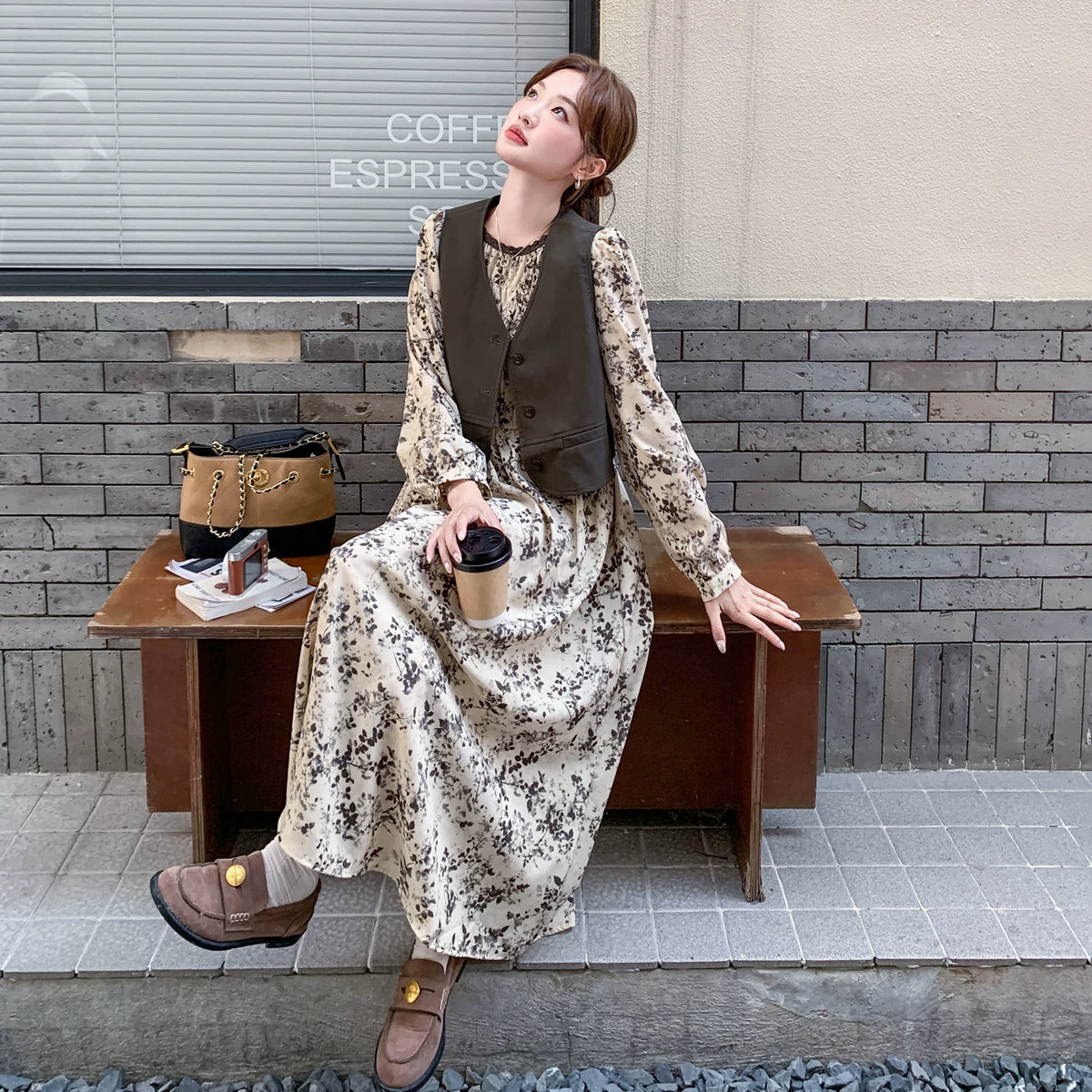 2点セット！【セットアップ】レトロ花柄カシュクールワンピースセット レディース 秋新作 長袖 ベスト付き 2点セット【SHシリーズ】