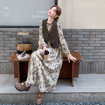 2点セット！【セットアップ】レトロ花柄カシュクールワンピースセット レディース 秋新作 長袖 ベスト付き 2点セット【SHシリーズ】