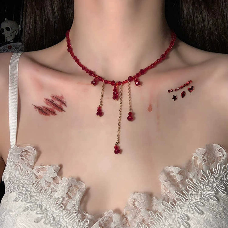 【ハロウィン】ゴシック風 レッドドロップ ビーズチョーカー アンティーク調 フリンジネックレス