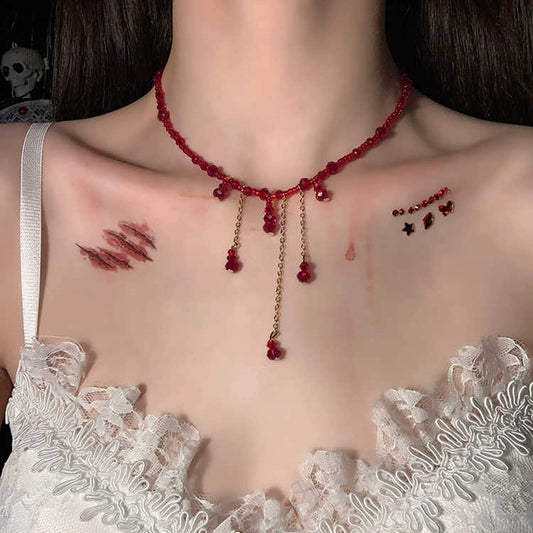 【ハロウィン】ゴシック風 レッドドロップ ビーズチョーカー アンティーク調 フリンジネックレス