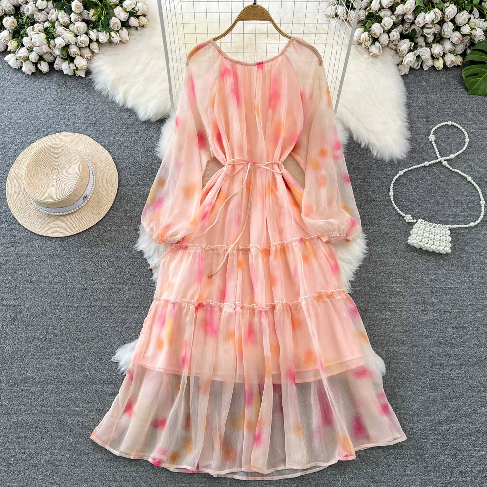 【ワンピース】長袖 ラウンドネック ウエストマーク Aライン 絞り染めプリント ロングワンピース リゾート 海辺 フレアワンピース【SHシリーズ】