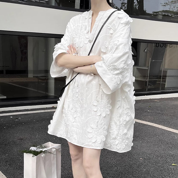 【ワンピース】夏 春 秋 コットン100% エレガント 着痩せ効果 ルーズ 半袖 ワンピース 【SNシリーズ】