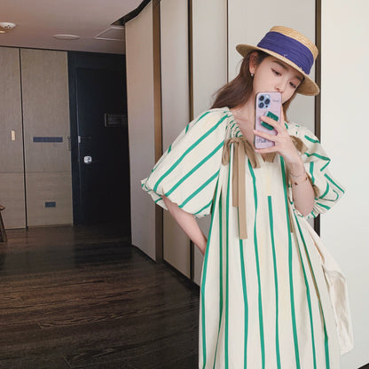 【ワンピース】夏 フレンチデザイン ゆったり ファッションカジュアル ストライプ 半袖ワンピース【SHシリーズ】