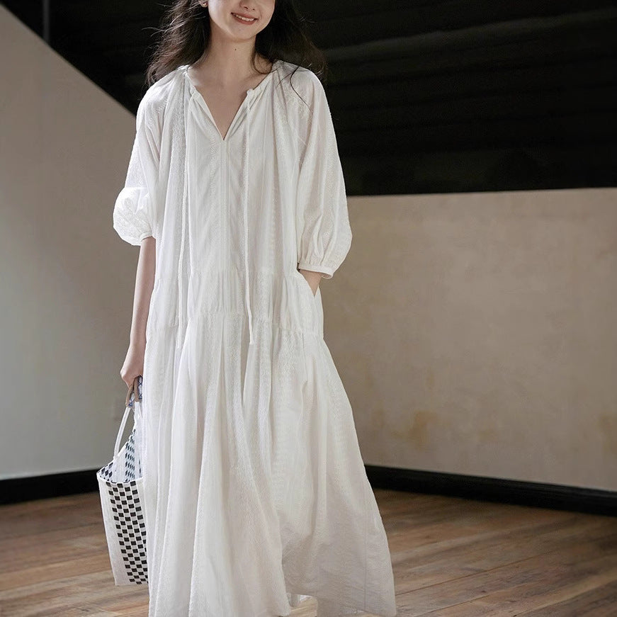 【ワンピース】リゾート風 リボン結び ロング 長袖 ワンピース 【JZシリーズ】