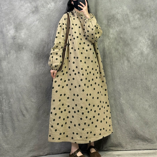 【ワンピース】レトロスタイル リネン ゆったり ベルト 長袖 ワンピース 【JZシリーズ】