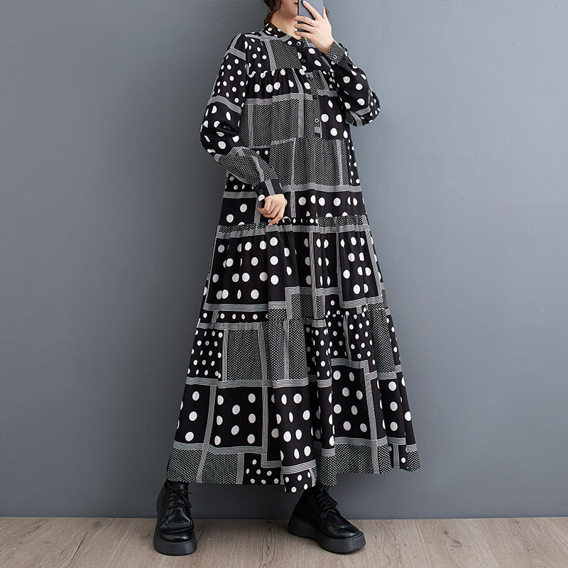 【ワンピース】秋新作 韓国風 長袖ワンピース レディース ゆったり 大きいサイズ 細見え プリント切替 ミディ丈【SHシリーズ】